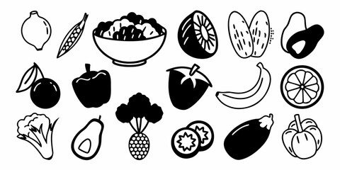 Illustration of various fruits and vegetables including onion, avocado, and bell pepper line art