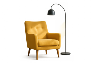 Yellow armchair and black floor lamp creating a cozy, modern interior design concept, transparent background