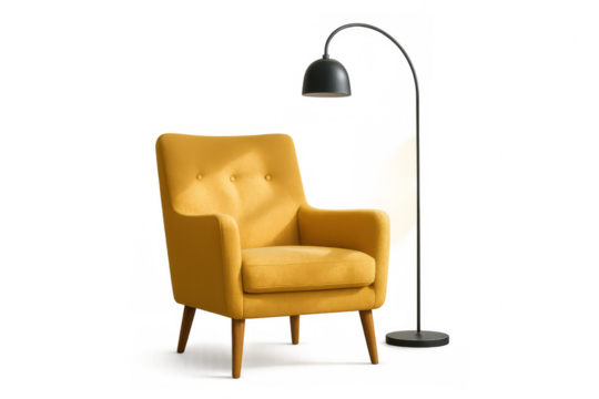 Yellow armchair and black floor lamp creating a cozy, modern interior design concept, transparent background