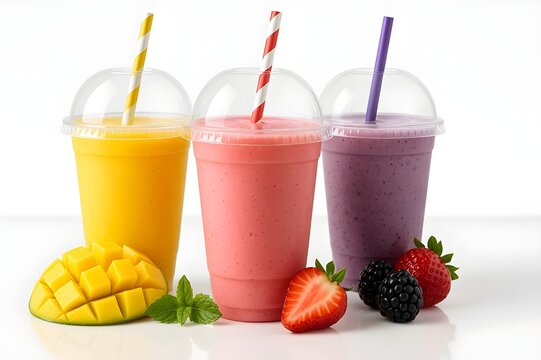 Three colorful fruit smoothies in plastic cups with straws on a white surface ready to be enjoyed