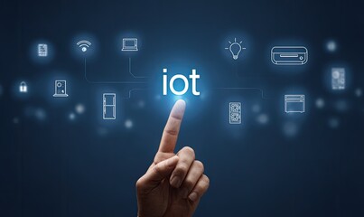 The image shows a hand touching a glowing 'iot' surrounded by connected device icons