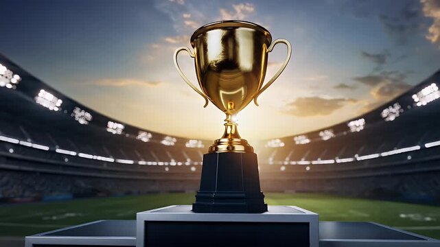 Golden trophy on a podium in a stadium against a dramatic sky background