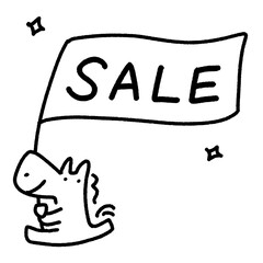 SALEの旗を持ち走るかわいい馬　2026・初売り・新春セール・バナー・モノクロ