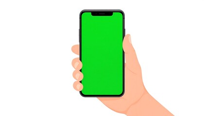 A hand holds a modern smartphone with a bright green screen, isolated against a clean white background