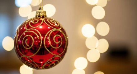 Red Christmas ornament with golden swirls hanging against a blurred background of soft glowing lights, creating a festive and cheerful holiday atmosphere