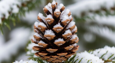 Close-up of a snow-covered pine cone resting on evergreen branches, showcasing intricate details and textures in a serene winter landscape, evoking a sense of tranquility and nature's beauty