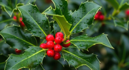 Vibrant green holly leaves adorned with bright red berries, glistening with raindrops, create a festive atmosphere, symbolizing winter and holiday cheer in nature's beauty
