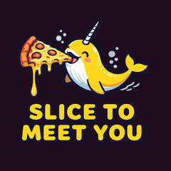 Yellow narwhal eating a cheesy slice of pizza cute cartoon design
