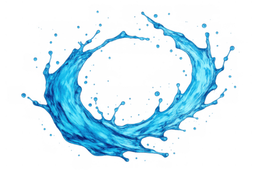 Blue water splash forming a dynamic circular wave, symbolizing freshness, hydration, and natural energy on transparent background