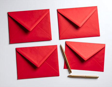 Elegant flat lay of vibrant red envelopes and a sophisticated golden pen on a pristine white surface, ideal for special occasion correspondence and heartfelt messages