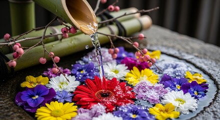 Beautiful Japanese Flower Arrangement with Flowing Water and Bamboo.