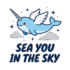 Narwhal cartoon flying narwhal with wings in sky illustration