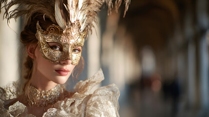 Elegant woman wearing ornate mask and vintage attire in a grand architectural setting