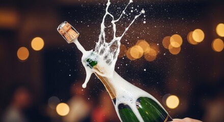 Champagne bottle being opened with cork flying, spray of bubbles and foam, creating a festive atmosphere with blurred lights in the background, celebrating special moments