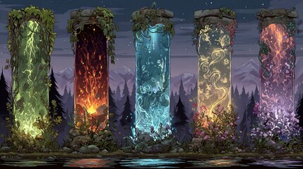Five magical pillars with different colored energy surrounded by foliage in a forest.