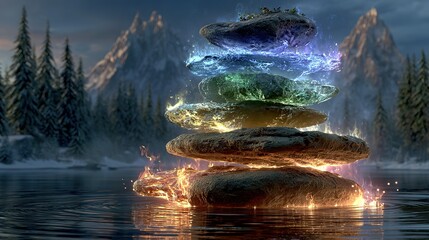 Stacked stones with colorful aura on water with trees and mountains background.