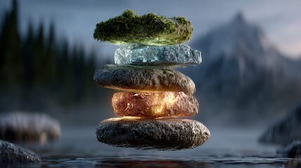 Stacked stones with different colors and textures in a nature setting.