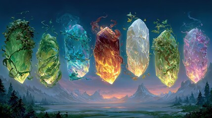 Seven elemental crystals float against a blurred landscape background.