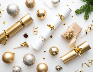 Golden and silver Christmas crackers, baubles, gifts, and pine sprigs, arranged in a festive flat lay on a white background