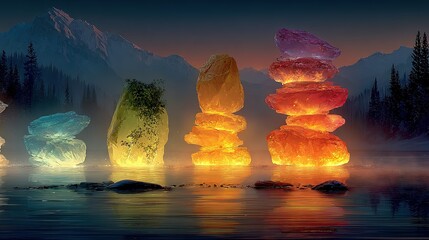 Colorful glowing crystal formations stand in water with a mountain backdrop.