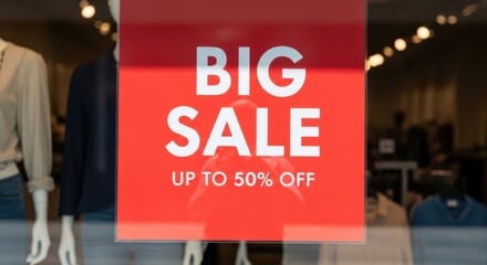 Promotional sign displaying bold text announcing a big sale with discounts up to fifty percent off, attracting customers to shop in a retail store environment