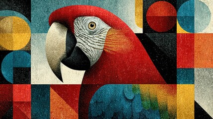 Parrot portrait with geometric shapes in red white blue orange and yellow.