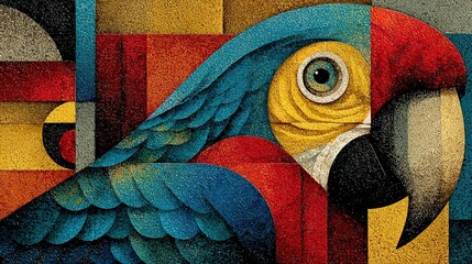 Colorful parrot head illustration with geometric shapes and vibrant hues.