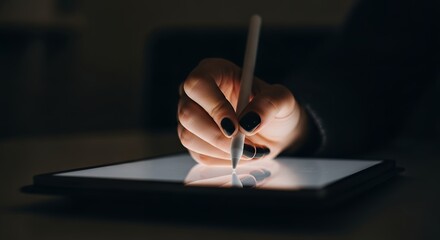 Close-up of a hand using a stylus on a tablet in a dimly lit room.