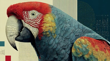 Close-up of a colorful parrot head with red blue and yellow feathers.