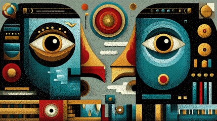 Abstract geometric faces with eyes in a surreal composition.