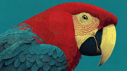 Parrot head close-up red and blue feathers yellow beak on blue background.