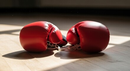 Red boxing gloves resting on a wooden floor, illuminated by sunlight, showcasing the texture and details of the gloves in a training environment, emphasizing sports and competition