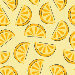 Lemon slice seamless pattern on light yellow background, fresh fruit flat vector illustration
