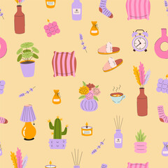 Cozy home seamless pattern with self-care items and decor on beige background, flat vector illustration