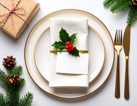 Elegant Christmas table setting flat lay with a festive holly napkin ring, gold cutlery, and a blank place card for copy space