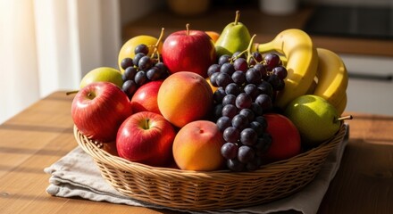 Fresh assorted fruits in a woven basket, including red apples, green pears, yellow bananas, and purple grapes, arranged beautifully on a wooden table in a bright kitchen setting