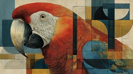 Abstract illustration of a parrot with geometric shapes and vibrant colors.