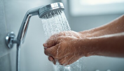Close-up shot of hands rinsing under a modern faucet, showcasing water splashing and the texture of skin, emphasizing cleanliness and hygiene practices