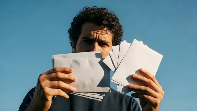 Man looking at multiple envelopes against blue sky