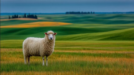 Fototapeta premium smooth green rolling hills, a single white sheep in the picture, copy and text space