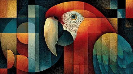 Geometric parrot illustration with vibrant colors and abstract background.