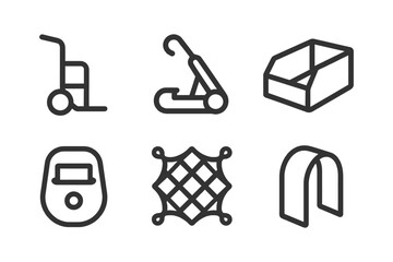 Simple line icons of trolley, vacuum cleaner, box, stopwatch, net, and magnet.