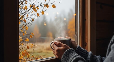 Cozy autumn morning with a warm drink by the window overlooking a misty forest.