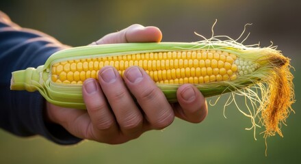 Freshly harvested corn on the cob held in a hand, showcasing vibrant yellow kernels and green husk, symbolizing agricultural abundance and seasonal produce