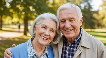 Elderly couple smiling warmly at the camera, enjoying a sunny day in a park, surrounded by lush greenery, showcasing love and companionship in a serene outdoor setting