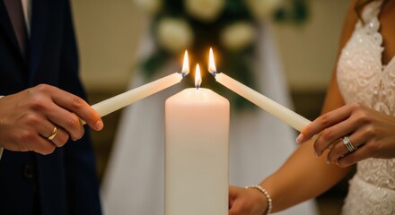 Couple holding lit candles, joining flames to a central white pillar candle during a wedding ceremony, symbolizing unity and love in a beautifully decorated venue