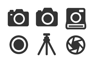 Black camera icons set with tripod, shutter, and lens elements.