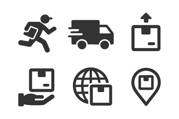 Delivery and shipping icons: courier, truck, package, globe, location marker.