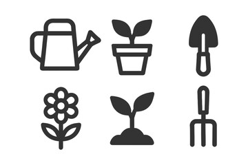 Gardening icon set: watering can, potted plant, trowel, flower, seedling, fork.