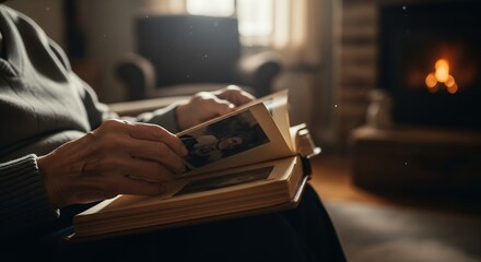 Cozy Evening - Person Relaxing by Fireplace, Flipping Through Old Photo Album.